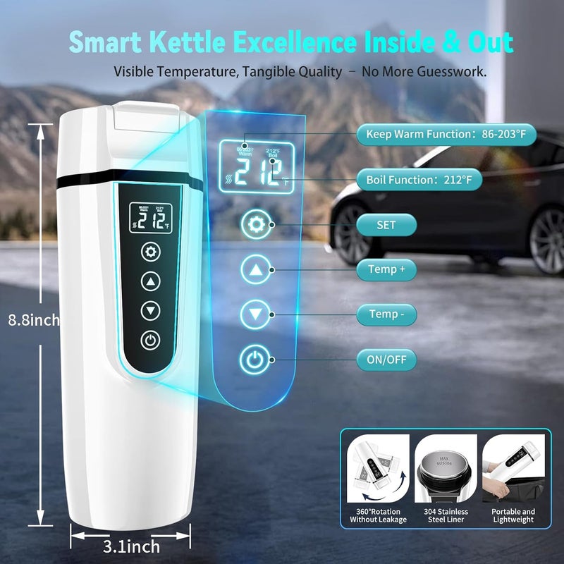 FVPE Car Electric Kettle for Travel : 12V/24V Small Electric Water Kettle, Multi-Temp Control 400 mL Portable Car Water Boiler for Brewing Coffee Tea,LCD Display 304 Stainless Steel Truck Heating Cup - Image 4